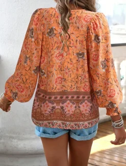Women's Shirt Blouse Floral Bohemia Casual Long Sleeve V Neck Regular Tops Daily Print Yellow Pink Navy Blue Blue Orange Summer Spring Fall