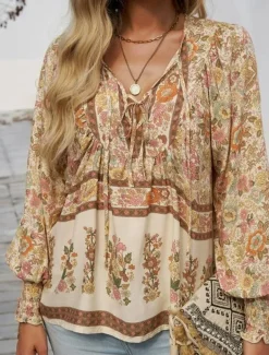 Women's Shirt Blouse Floral Bohemia Casual Long Sleeve V Neck Regular Tops Daily Print Yellow Pink Navy Blue Blue Orange Summer Spring Fall