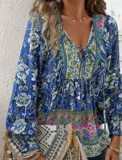 Women's Shirt Blouse Floral Bohemia Casual Long Sleeve V Neck Regular Tops Daily Print Yellow Pink Navy Blue Blue Orange Summer Spring Fall