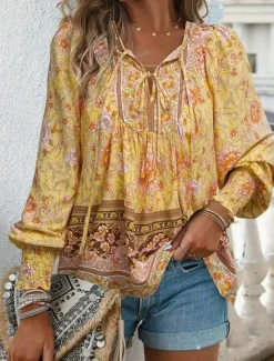 Women's Shirt Blouse Floral Bohemia Casual Long Sleeve V Neck Regular Tops Daily Print Yellow Pink Navy Blue Blue Orange Summer Spring Fall