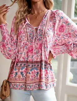 Women's Shirt Blouse Floral Bohemia Casual Long Sleeve V Neck Regular Tops Daily Print Yellow Pink Navy Blue Blue Orange Summer Spring Fall