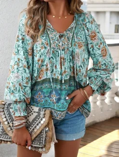 Women's Shirt Blouse Floral Bohemia Casual Long Sleeve V Neck Regular Tops Daily Print Yellow Pink Navy Blue Blue Orange Summer Spring Fall