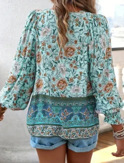 Women's Shirt Blouse Floral Bohemia Casual Long Sleeve V Neck Regular Tops Daily Print Yellow Pink Navy Blue Blue Orange Summer Spring Fall