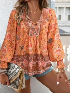 Women's Shirt Blouse Floral Bohemia Casual Long Sleeve V Neck Regular Tops Daily Print Yellow Pink Navy Blue Blue Orange Summer Spring Fall