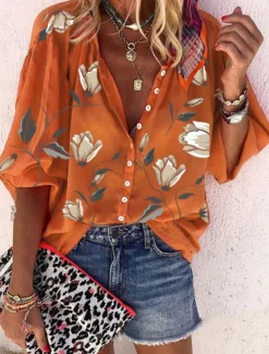 Women's Shirt Blouse Floral Stylish Casual Long Sleeve Shirt Collar Regular Tops Daily Buttons Print Black White Red Orange Summer Spring