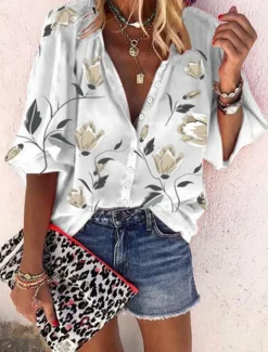 Women's Shirt Blouse Floral Stylish Casual Long Sleeve Shirt Collar Regular Tops Daily Buttons Print Black White Red Orange Summer Spring