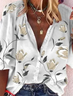 Women's Shirt Blouse Floral Stylish Casual Long Sleeve Shirt Collar Regular Tops Daily Buttons Print Black White Red Orange Summer Spring