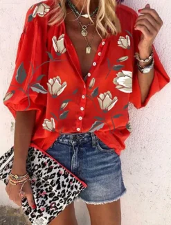 Women's Shirt Blouse Floral Stylish Casual Long Sleeve Shirt Collar Regular Tops Daily Buttons Print Black White Red Orange Summer Spring