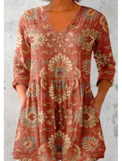 Women's Shirt Blouse Floral Bohemia Daily Retro Vintage Long Sleeve V Neck Regular Tops Daily Print Wine Fuchsia Green Summer Spring