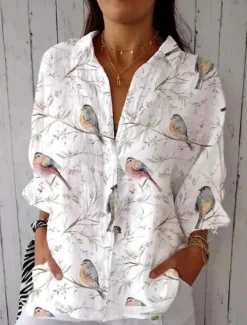 Women's Shirt Blouse Floral Casual 3/4 Length Sleeve Shirt Collar Regular Tops Daily Patchwork Buttons White Green Fall Winter