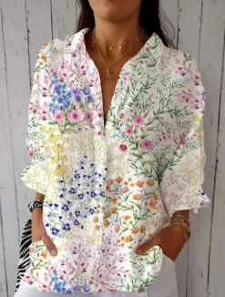 Women's Shirt Blouse Floral Casual 3/4 Length Sleeve Shirt Collar Regular Tops Daily Patchwork Buttons White Green Fall Winter