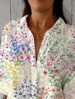 Women's Shirt Blouse Floral Casual 3/4 Length Sleeve Shirt Collar Regular Tops Daily Patchwork Buttons White Green Fall Winter