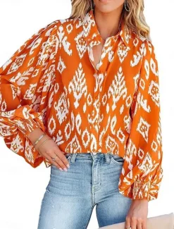 Women's Shirt Blouse Geometric Casual Long Sleeve Shirt Collar Regular Tops Daily Buttons Print Black Orange Spring Fall