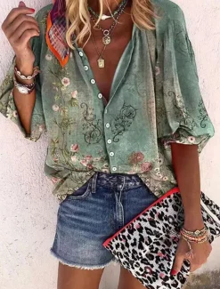 Women's Shirt Blouse Graphic Elegant Daily Stylish 3/4 Length Sleeve High Neck Regular Tops Daily Holiday Going out Buttons Red Green Rainbow Gray Summer Spring Fall