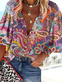 Women's Shirt Blouse Graphic Elegant Daily Stylish 3/4 Length Sleeve High Neck Regular Tops Daily Holiday Going out Buttons Red Green Rainbow Gray Summer Spring Fall