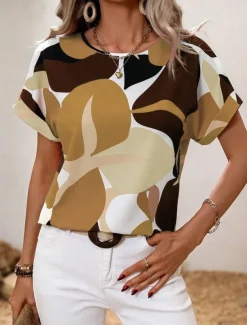 Women's Shirt Blouse Graphic Stylish Casual Short Sleeve Crew Neck Regular Tops Daily Holiday Going out Print Black Yellow Green Khaki Rose Pink Summer Spring