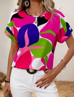 Women's Shirt Blouse Graphic Stylish Casual Short Sleeve Crew Neck Regular Tops Daily Holiday Going out Print Black Yellow Green Khaki Rose Pink Summer Spring