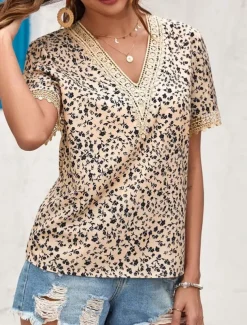 Women's Shirt Blouse Leopard Stylish Casual Short Sleeve V Neck Regular Tops Daily Print Green Khaki Summer
