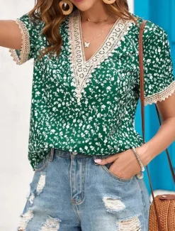 Women's Shirt Blouse Leopard Stylish Casual Short Sleeve V Neck Regular Tops Daily Print Green Khaki Summer