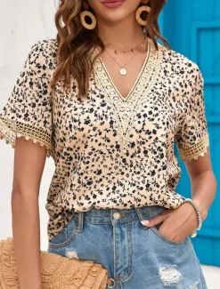 Women's Shirt Blouse Leopard Stylish Casual Short Sleeve V Neck Regular Tops Daily Print Green Khaki Summer