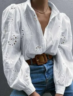 Women's Shirt Blouse Solid Color Casual Long Sleeve Shirt Collar Regular Tops Daily Patchwork Black White Blue Spring Fall