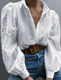 Women's Shirt Blouse Solid Color Casual Long Sleeve Shirt Collar Regular Tops Daily Patchwork Black White Blue Spring Fall