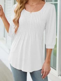 Women's Shirt Blouse Solid Color Basic Casual 3/4 Length Sleeve Crew Neck Regular Tops Daily Ruched Black White Pink Summer Spring