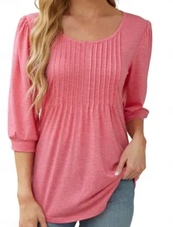 Women's Shirt Blouse Solid Color Basic Casual 3/4 Length Sleeve Crew Neck Regular Tops Daily Ruched Black White Pink Summer Spring