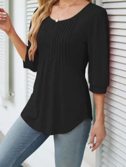 Women's Shirt Blouse Solid Color Basic Casual 3/4 Length Sleeve Crew Neck Regular Tops Daily Ruched Black White Pink Summer Spring