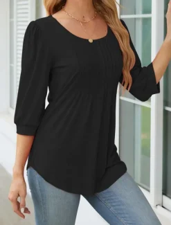 Women's Shirt Blouse Solid Color Basic Casual 3/4 Length Sleeve Crew Neck Regular Tops Daily Ruched Black White Pink Summer Spring