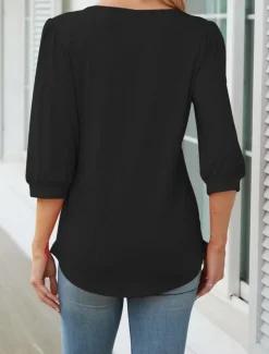 Women's Shirt Blouse Solid Color Basic Casual 3/4 Length Sleeve Crew Neck Regular Tops Daily Ruched Black White Pink Summer Spring