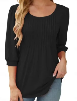 Women's Shirt Blouse Solid Color Basic Casual 3/4 Length Sleeve Crew Neck Regular Tops Daily Ruched Black White Pink Summer Spring
