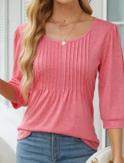 Women's Shirt Blouse Solid Color Basic Casual 3/4 Length Sleeve Crew Neck Regular Tops Daily Ruched Black White Pink Summer Spring