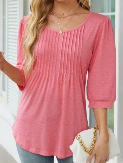 Women's Shirt Blouse Solid Color Basic Casual 3/4 Length Sleeve Crew Neck Regular Tops Daily Ruched Black White Pink Summer Spring
