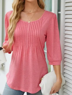 Women's Shirt Blouse Solid Color Basic Casual 3/4 Length Sleeve Crew Neck Regular Tops Daily Ruched Black White Pink Summer Spring