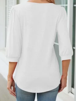 Women's Shirt Blouse Solid Color Basic Casual 3/4 Length Sleeve Crew Neck Regular Tops Daily Ruched Black White Pink Summer Spring