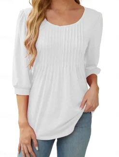 Women's Shirt Blouse Solid Color Basic Casual 3/4 Length Sleeve Crew Neck Regular Tops Daily Ruched Black White Pink Summer Spring