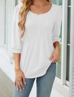 Women's Shirt Blouse Solid Color Basic Casual 3/4 Length Sleeve Crew Neck Regular Tops Daily Ruched Black White Pink Summer Spring