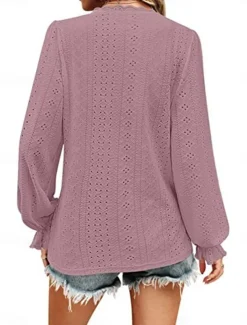 Women's Shirt Blouse Solid Color Basic Casual Long Sleeve V Neck Regular Tops Daily Lace Eyelet Light Green Pink Fall Winter