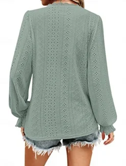 Women's Shirt Blouse Solid Color Basic Casual Long Sleeve V Neck Regular Tops Daily Lace Eyelet Light Green Pink Fall Winter