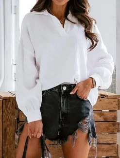 Women's Shirt Blouse Solid Color Basic Casual Long Sleeve Notched Neck Regular Tops Daily Black White Summer Spring Fall