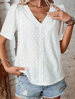 Women's Shirt Blouse Solid Color Elegant Stylish Basic Short Sleeve V Neck Regular Tops Daily Lace White Pink Blue Green Summer Spring
