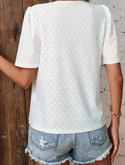 Women's Shirt Blouse Solid Color Elegant Stylish Basic Short Sleeve V Neck Regular Tops Daily Lace White Pink Blue Green Summer Spring