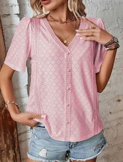 Women's Shirt Blouse Solid Color Elegant Stylish Basic Short Sleeve V Neck Regular Tops Daily Lace White Pink Blue Green Summer Spring