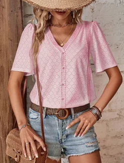 Women's Shirt Blouse Solid Color Elegant Stylish Basic Short Sleeve V Neck Regular Tops Daily Lace White Pink Blue Green Summer Spring