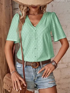 Women's Shirt Blouse Solid Color Elegant Stylish Basic Short Sleeve V Neck Regular Tops Daily Lace White Pink Blue Green Summer Spring