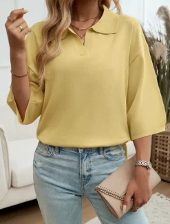 Women's Shirt Blouse Solid Color Basic Casual 3/4 Length Sleeve Shirt Collar Regular Tops Daily Yellow Blue Beige Summer Spring Fall