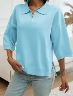 Women's Shirt Blouse Solid Color Basic Casual 3/4 Length Sleeve Shirt Collar Regular Tops Daily Yellow Blue Beige Summer Spring Fall