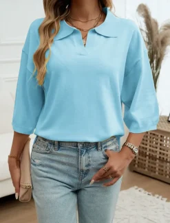 Women's Shirt Blouse Solid Color Basic Casual 3/4 Length Sleeve Shirt Collar Regular Tops Daily Yellow Blue Beige Summer Spring Fall