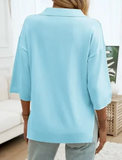 Women's Shirt Blouse Solid Color Basic Casual 3/4 Length Sleeve Shirt Collar Regular Tops Daily Yellow Blue Beige Summer Spring Fall